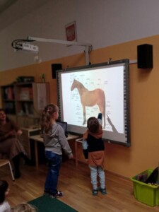 Dwójka dzieci stoi przy tablicy multimedialnej. Jedno z nich pokazuje konia.