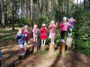 grupa dzieci stoi wśród drzew na pieńkach